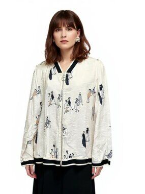 ZOE Artistic Sketch Print Full Zip Bomber Jacket Cardigan Size L